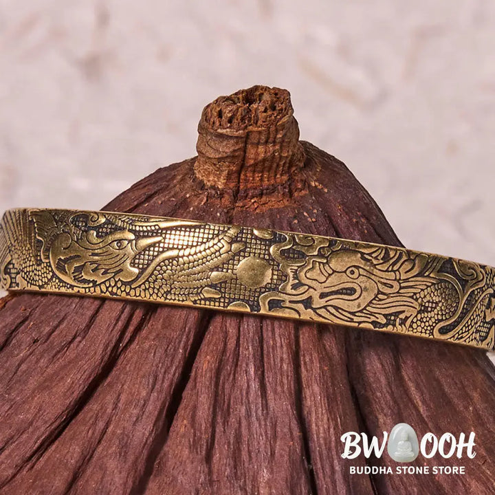 Buddha Stones Dragon And Phoenix Playing With A Pearl Carved Copper Brass Luck Protection Bracelet Bangle - BWOOOH