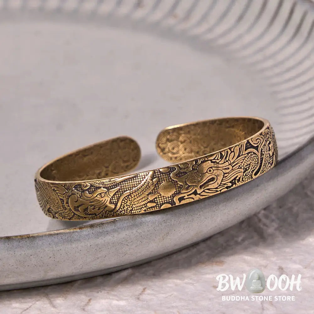 Buddha Stones Dragon And Phoenix Playing With A Pearl Carved Copper Brass Luck Protection Bracelet Bangle - BWOOOH