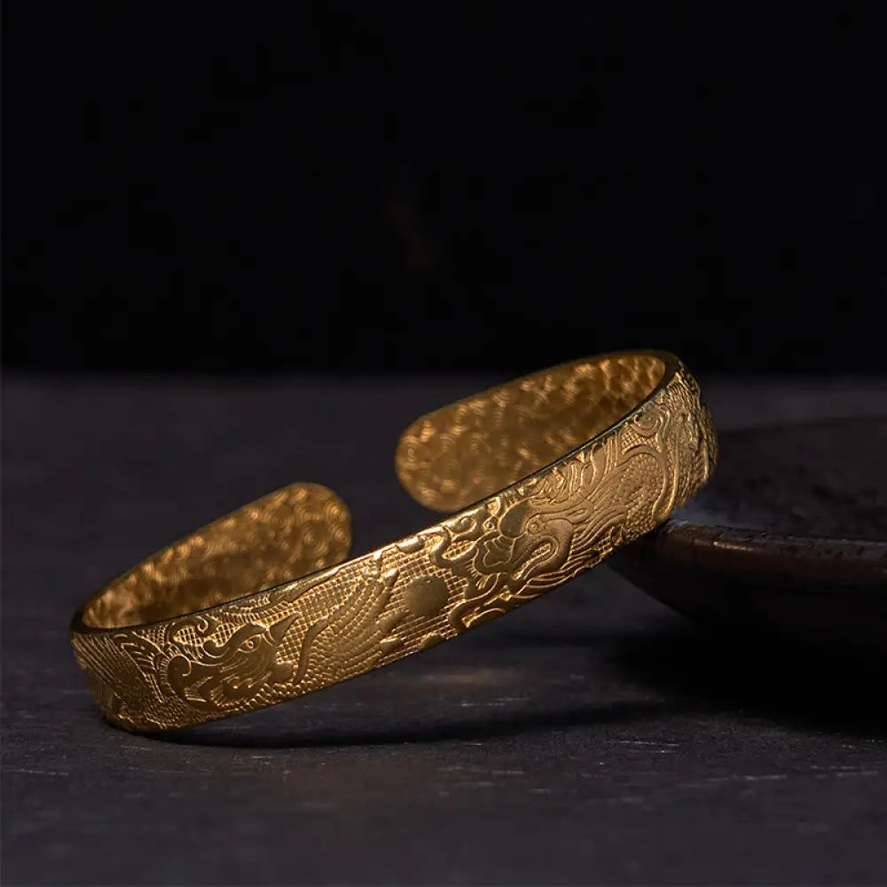 Buddha Stones Dragon And Phoenix Playing With A Pearl Carved Copper Brass Luck Protection Bracelet Bangle - BWOOOH