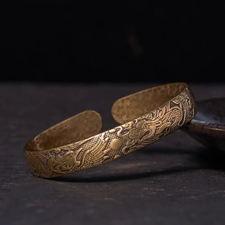 BWOOOH Dragon And Phoenix Playing With A Pearl Carved Copper Brass Luck Protection Bracelet Bangle - BWOOOH
