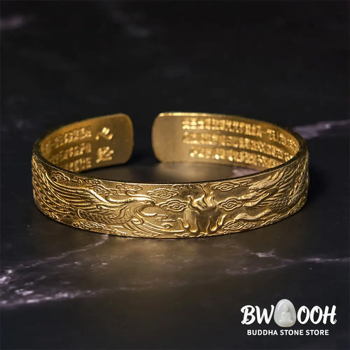 Buddha Stones Dragon And Phoenix Playing With A Pearl Heart Sutra Carved Copper Brass Luck Bracelet Bangle - BWOOOH