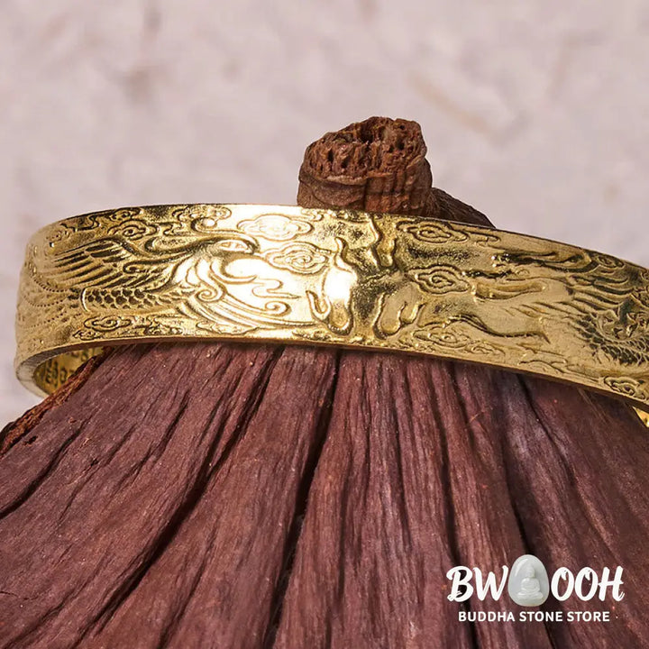 Buddha Stones Dragon And Phoenix Playing With A Pearl Heart Sutra Carved Copper Brass Luck Bracelet Bangle - BWOOOH
