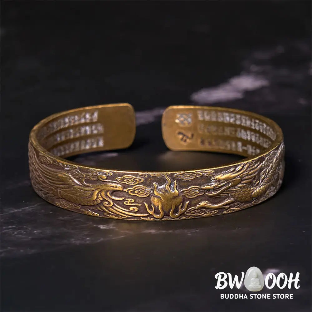Buddha Stones Dragon And Phoenix Playing With A Pearl Heart Sutra Carved Copper Brass Luck Bracelet Bangle - BWOOOH
