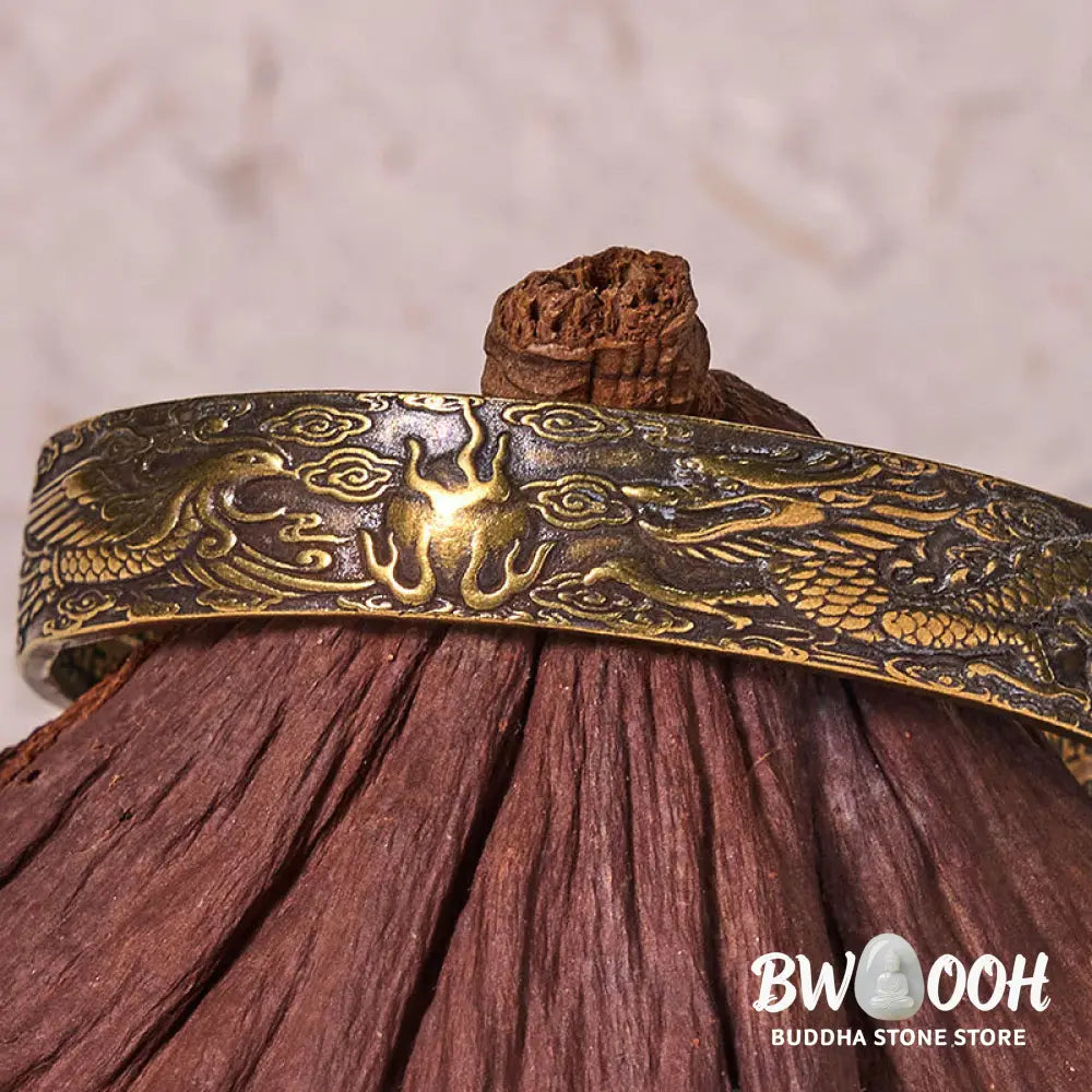Buddha Stones Dragon And Phoenix Playing With A Pearl Heart Sutra Carved Copper Brass Luck Bracelet Bangle - BWOOOH