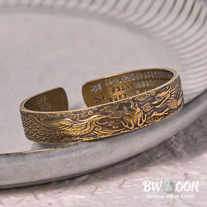 Buddha Stones Dragon And Phoenix Playing With A Pearl Heart Sutra Carved Copper Brass Luck Bracelet Bangle - BWOOOH