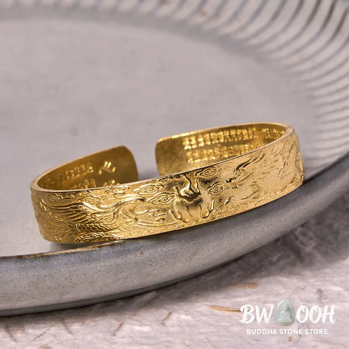 Buddha Stones Dragon And Phoenix Playing With A Pearl Heart Sutra Carved Copper Brass Luck Bracelet Bangle - BWOOOH