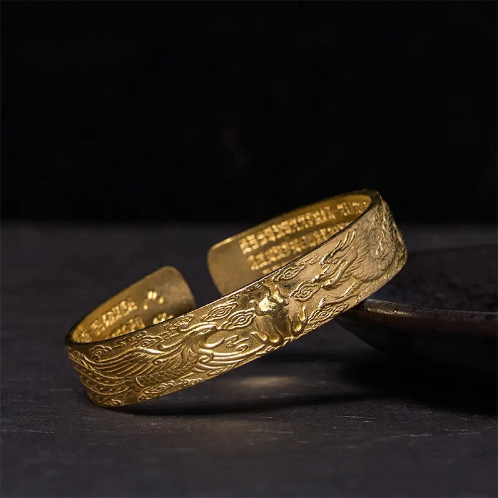 Buddha Stones Dragon And Phoenix Playing With A Pearl Heart Sutra Carved Copper Brass Luck Bracelet Bangle - BWOOOH