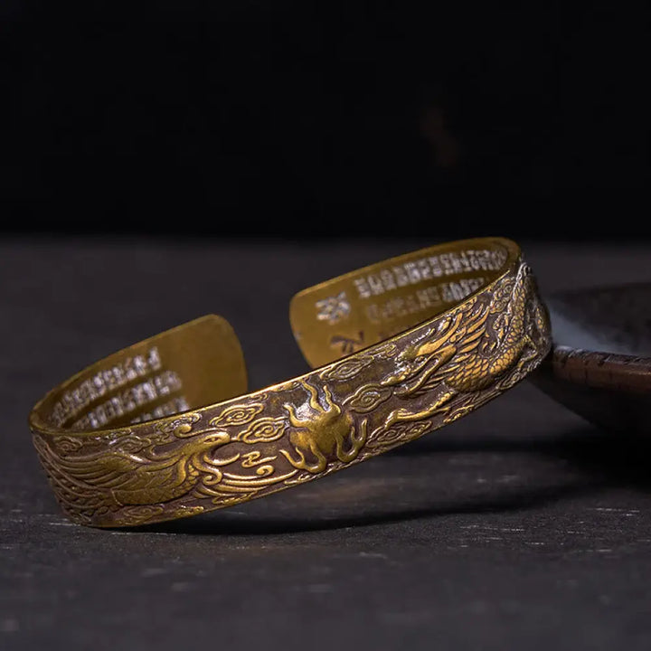 BWOOOH Dragon And Phoenix Playing With A Pearl Heart Sutra Carved Copper Brass Luck Bracelet Bangle - BWOOOH