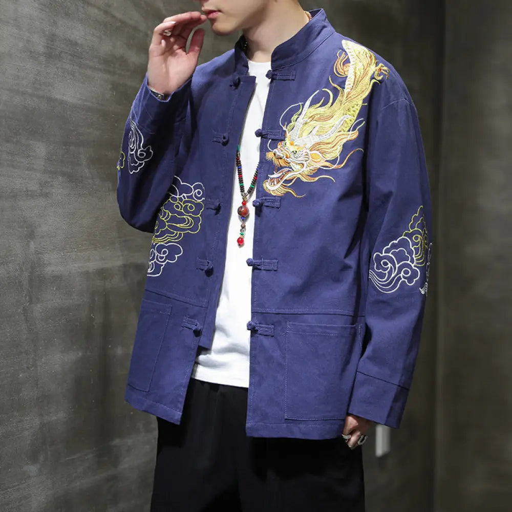 Buddha Stones Dragon Auspicious Cloud Embroidery Clothing Chinese Tang Suit Jacket Men Clothing - Navy Blue