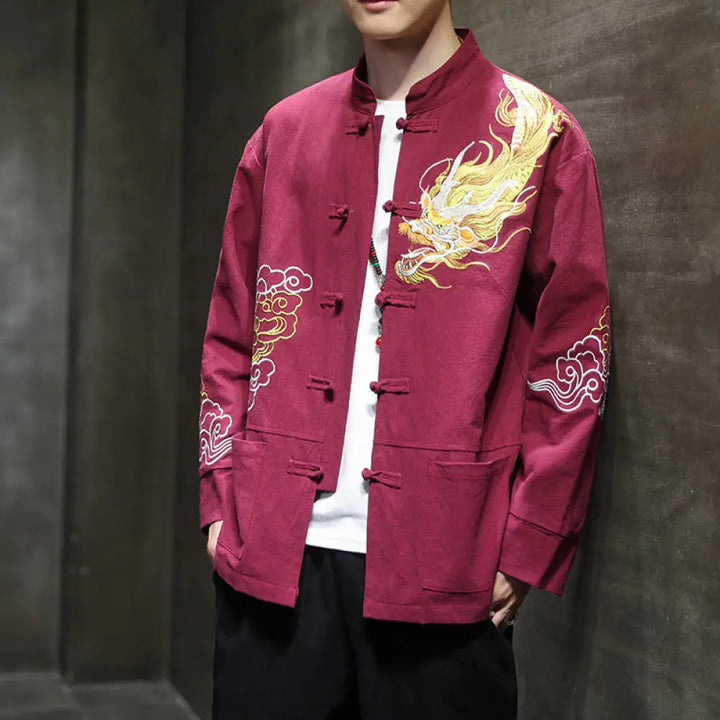 Buddha Stones Dragon Auspicious Cloud Embroidery Clothing Chinese Tang Suit Jacket Men Clothing - Red