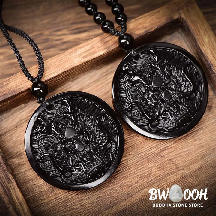 Buddha Stones Dragon Black Obsidian Transformation Fulfilment Necklace Pendant - BWOOOH - Necklaces &amp; Pendants