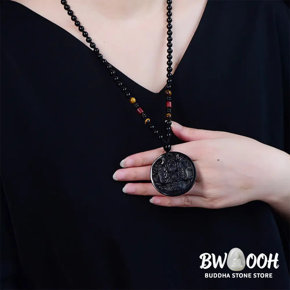 Buddha Stones Dragon Black Obsidian Transformation Fulfilment Necklace Pendant - BWOOOH - Necklaces &amp; Pendants