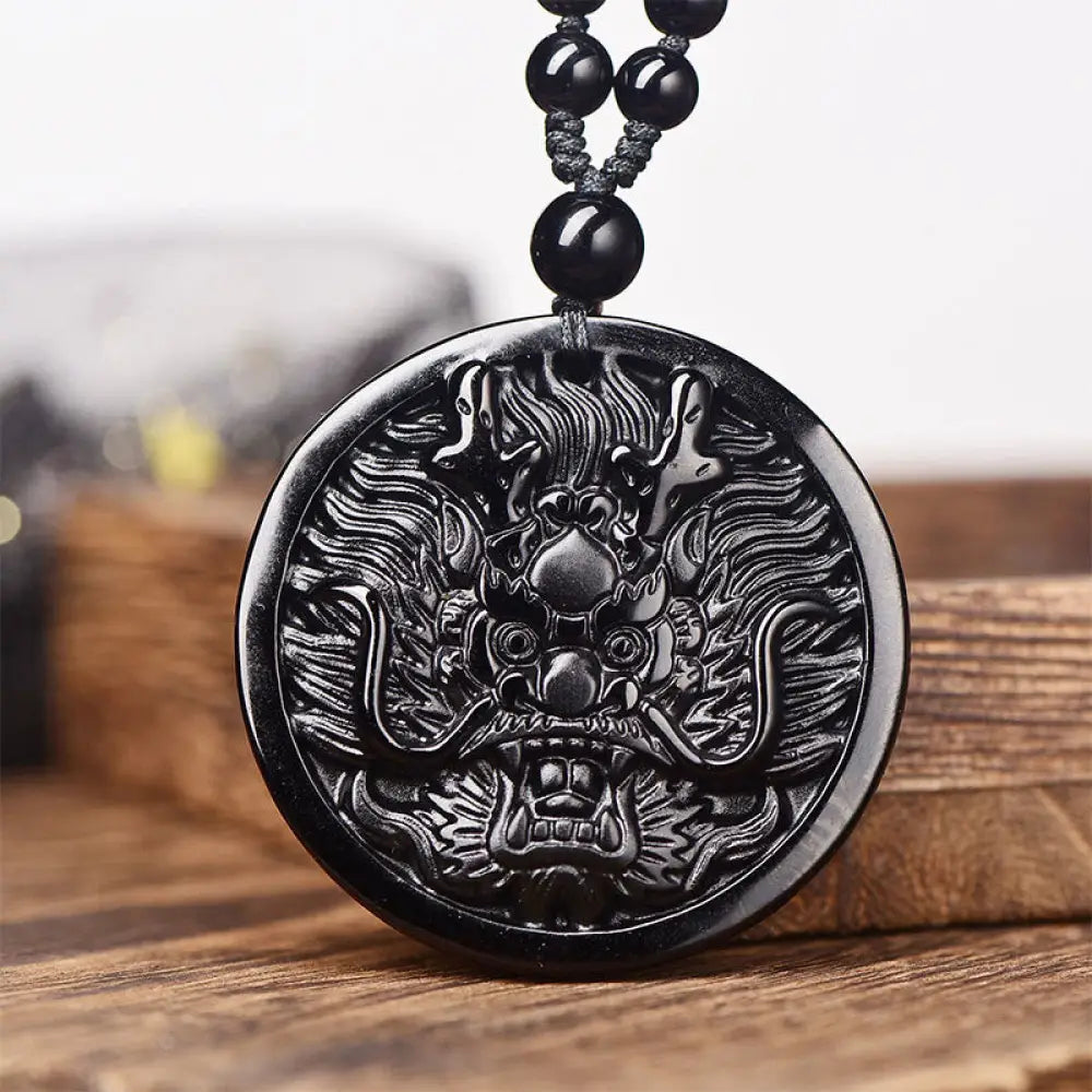 Buddha Stones Dragon Black Obsidian Transformation Fulfilment Necklace Pendant - BWOOOH - Black Obsidian With Bead