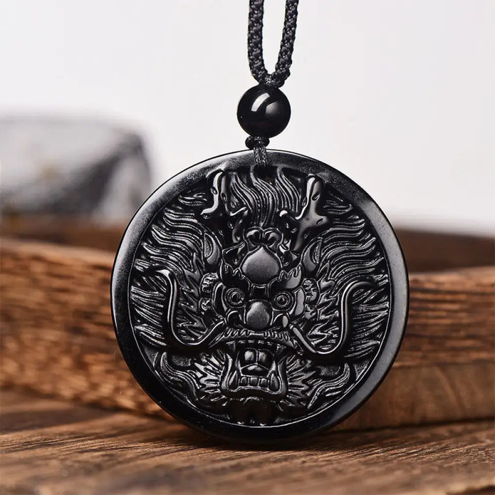 Buddha Stones Dragon Black Obsidian Transformation Fulfilment Necklace Pendant - BWOOOH - Black Obsidian With Rope