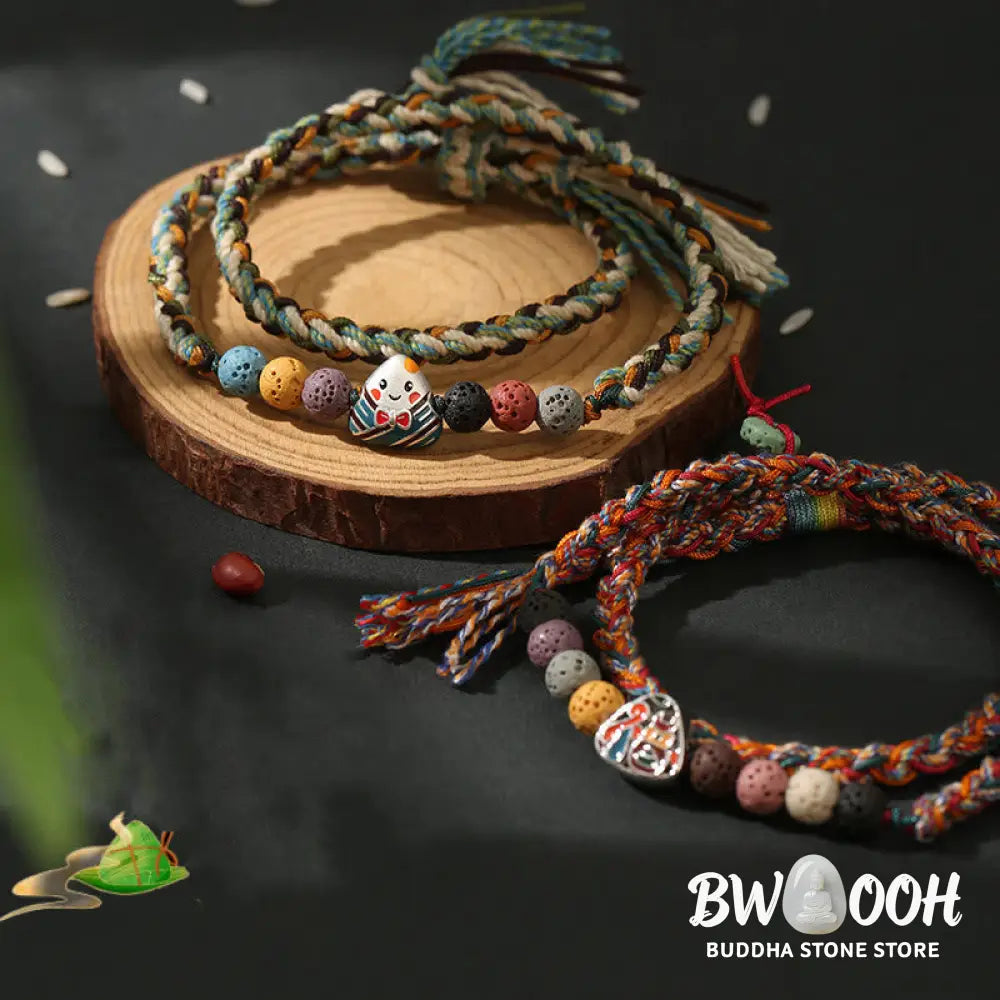 Buddha Stones Dragon Boat Festival Colorful Rope Lava Rock Fu Character Rice Dumplings Luck Braided Bracelet - BWOOOH
