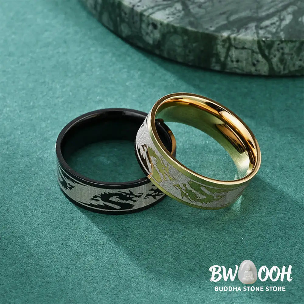 Buddha Stones Dragon Carved Protection Strength Titanium Steel Ring - BWOOOH - Ring