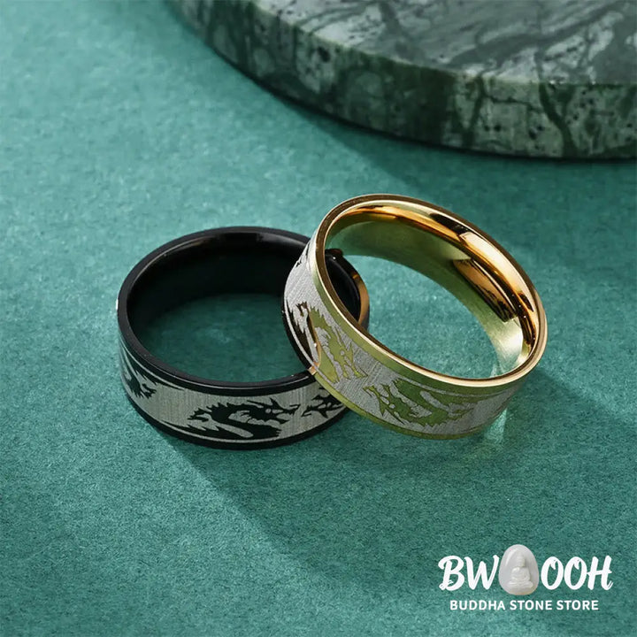 Buddha Stones Dragon Carved Protection Strength Titanium Steel Ring - BWOOOH - Ring