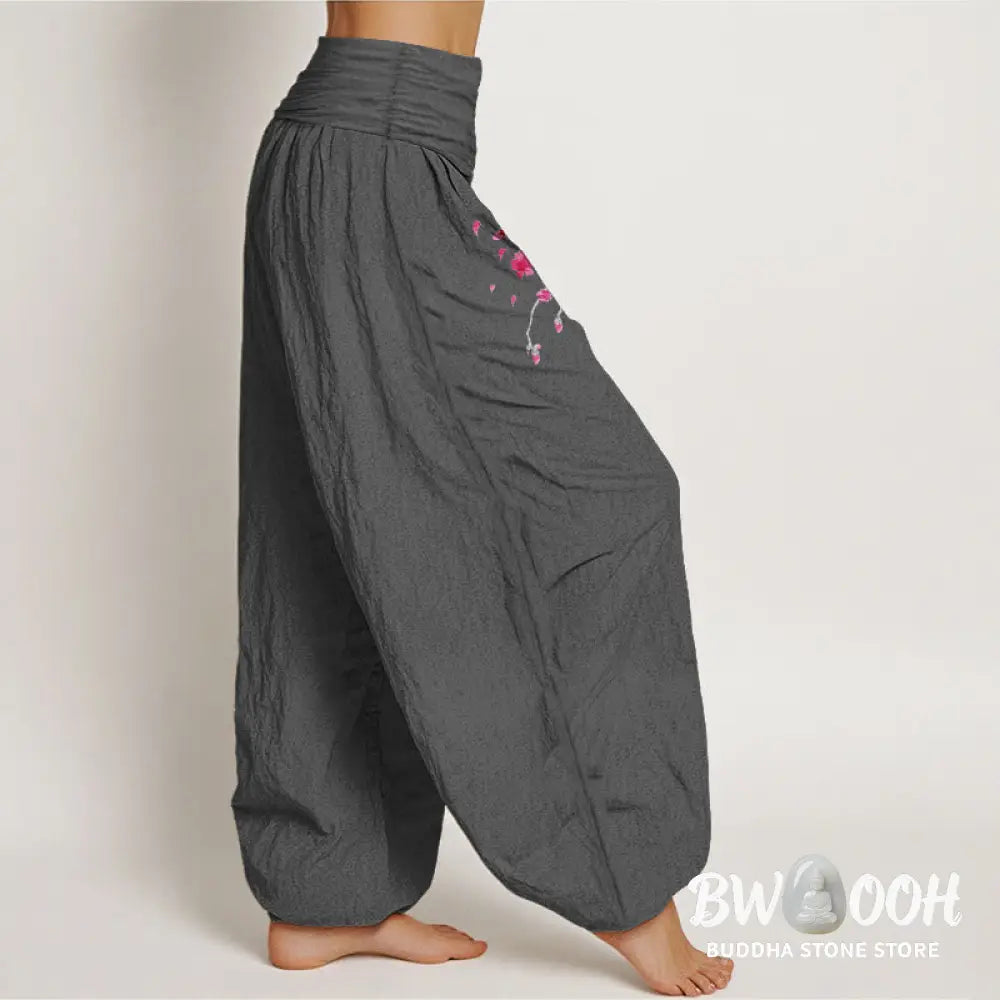 Buddha Stones Dragon Cherry Blossoms Pattern Women’s Elastic Waist Harem Cotton Pants - Women’s Harem Pants
