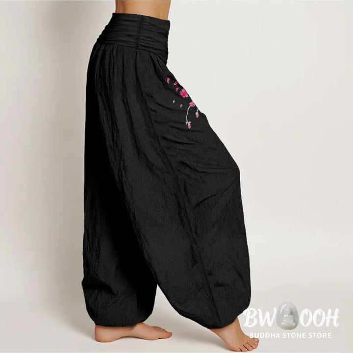 Buddha Stones Dragon Cherry Blossoms Pattern Women’s Elastic Waist Harem Cotton Pants - Women’s Harem Pants