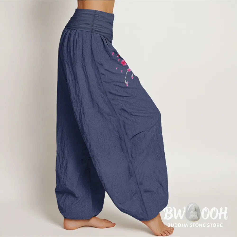 Buddha Stones Dragon Cherry Blossoms Pattern Women’s Elastic Waist Harem Cotton Pants - Women’s Harem Pants