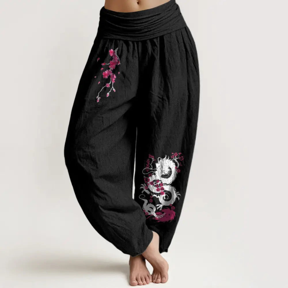 Buddha Stones Dragon Cherry Blossoms Pattern Women’s Elastic Waist Harem Cotton Pants - Black / US2，UK/AU6，EU34 (XS)