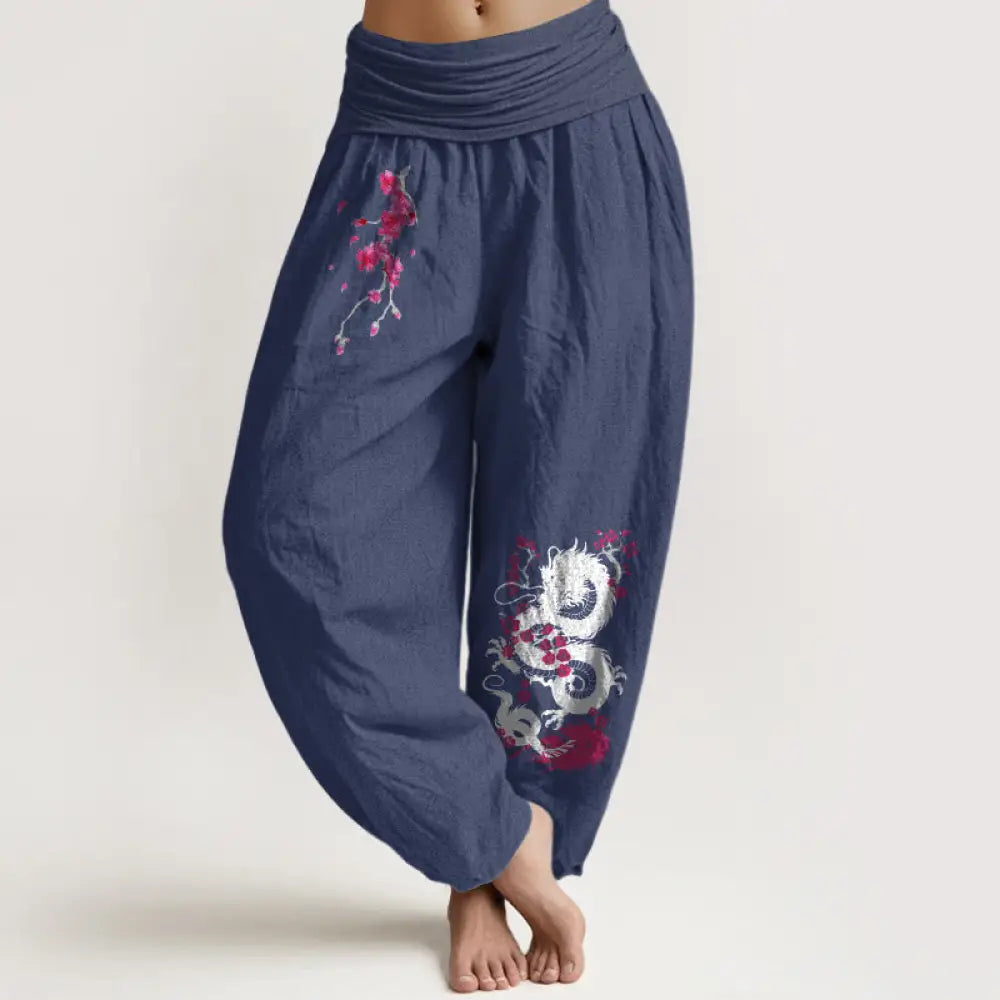 Buddha Stones Dragon Cherry Blossoms Pattern Women’s Elastic Waist Harem Cotton Pants - DarkSlateBlue / US2，UK/AU6，EU34