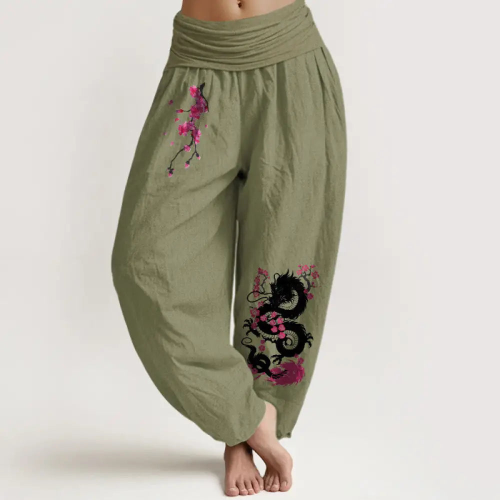 Buddha Stones Dragon Cherry Blossoms Pattern Women’s Elastic Waist Harem Cotton Pants - OliveDrab / US2，UK/AU6，EU34
