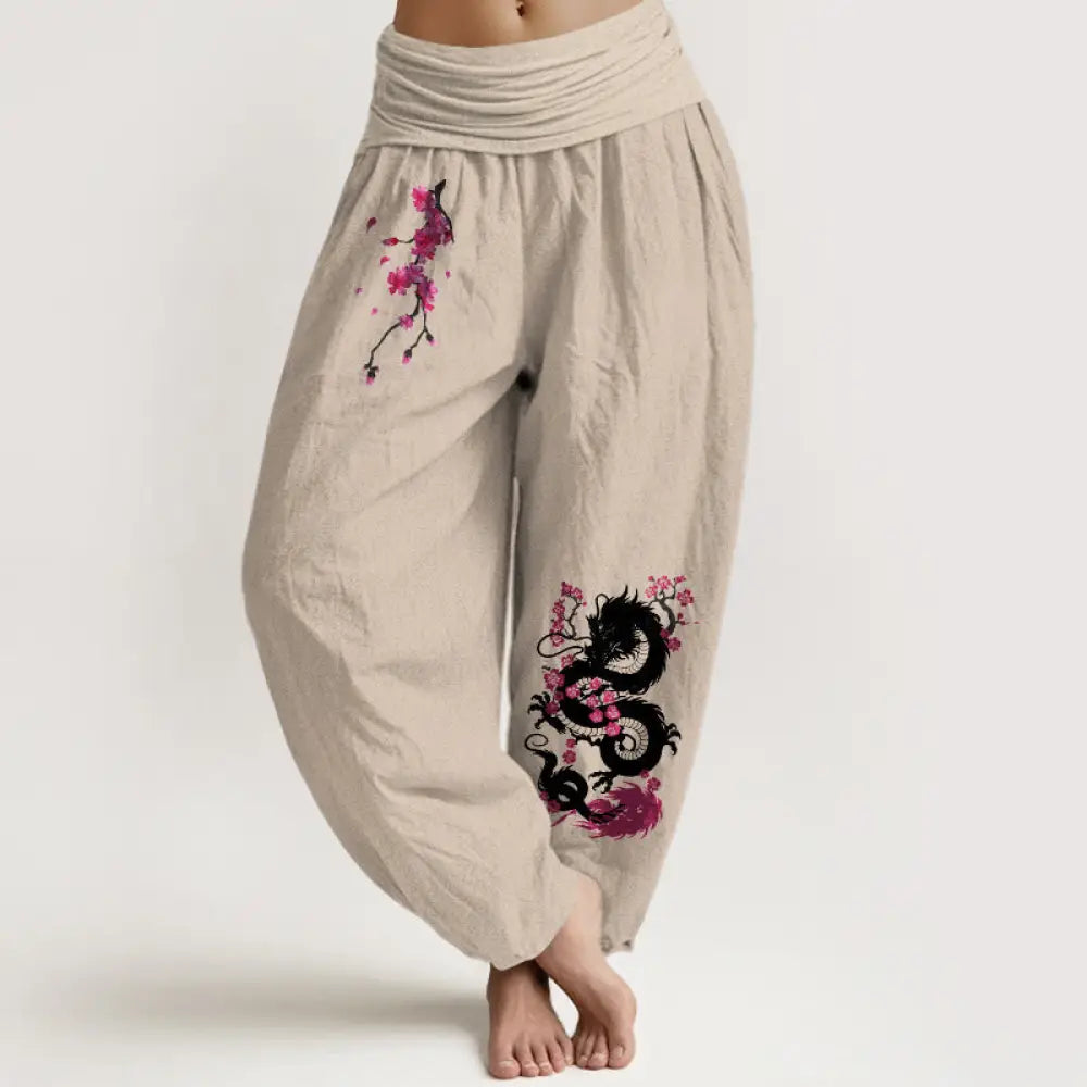 Buddha Stones Dragon Cherry Blossoms Pattern Women’s Elastic Waist Harem Cotton Pants - Tan / US2，UK/AU6，EU34 (XS)
