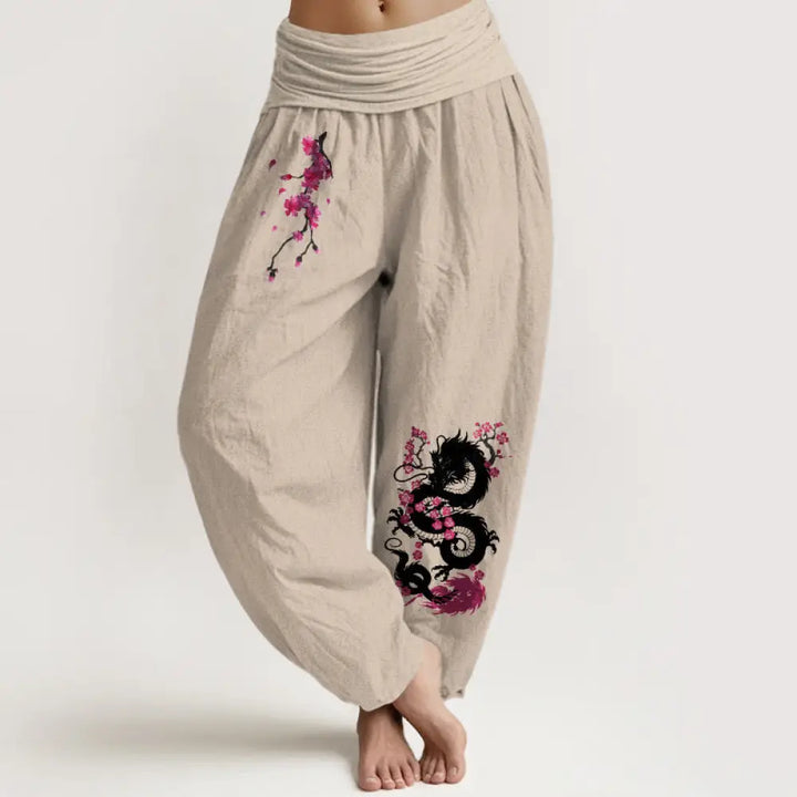 Buddha Stones Dragon Cherry Blossoms Pattern Women’s Elastic Waist Harem Cotton Pants - Tan / US2，UK/AU6，EU34 (XS)