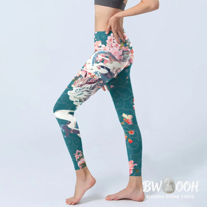 BWOOOH printed yoga leggings - Dragon Cherry Blossoms Print Gym Legging