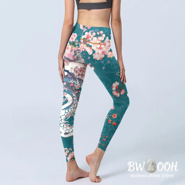 BWOOOH printed yoga leggings - Dragon Cherry Blossoms Print Gym Legging