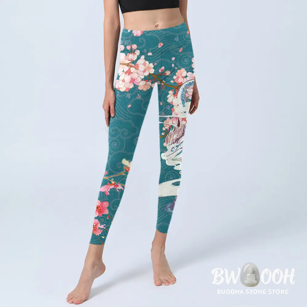 BWOOOH printed yoga leggings - Dragon Cherry Blossoms Print Gym Legging