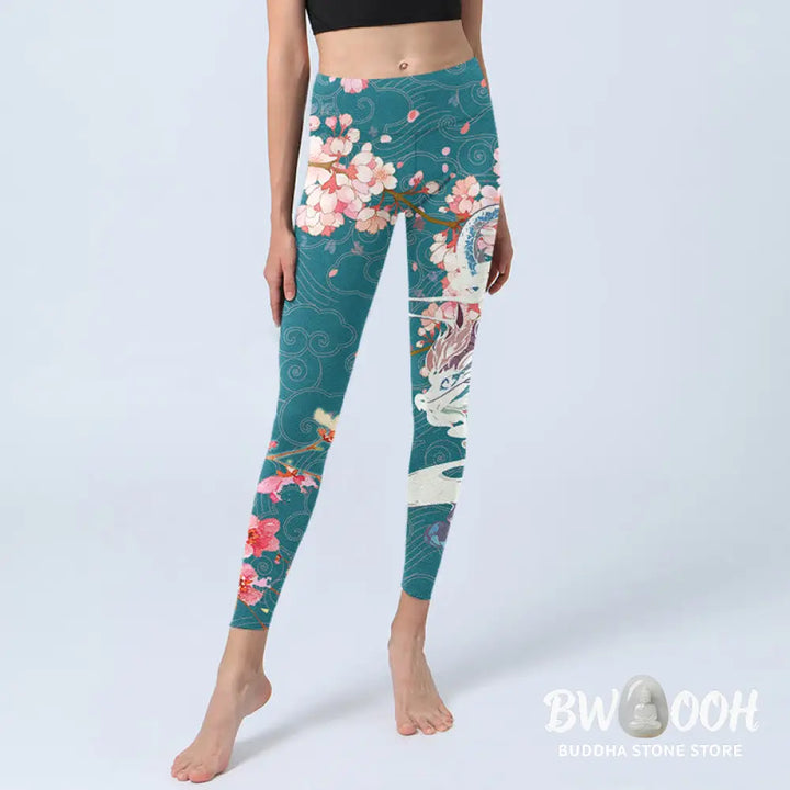 BWOOOH printed yoga leggings - Dragon Cherry Blossoms Print Gym Legging