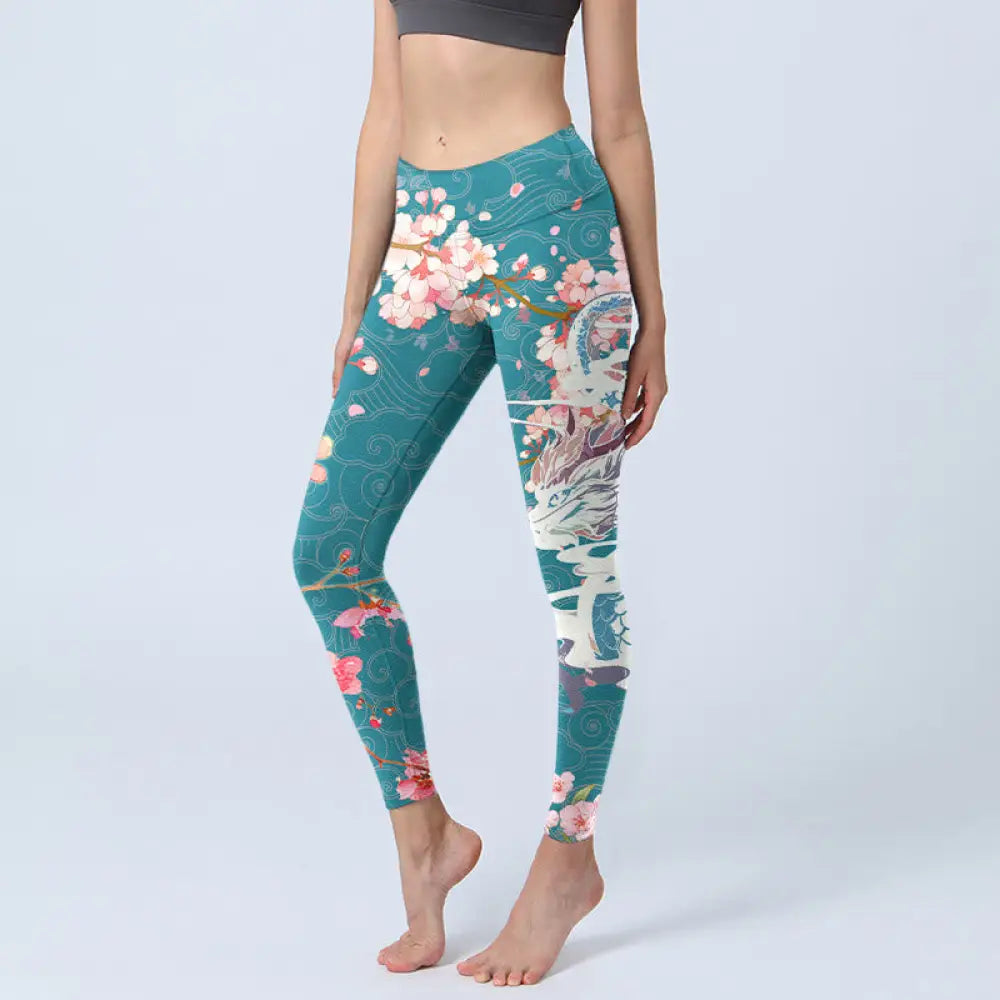 BWOOOH printed yoga leggings - Dragon Cherry Blossoms Print Gym Legging