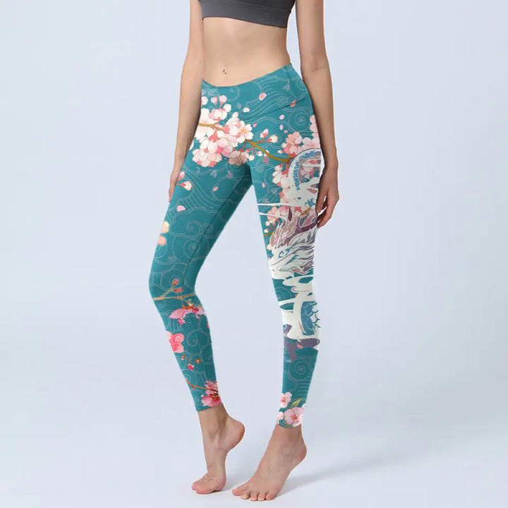 BWOOOH printed yoga leggings - Dragon Cherry Blossoms Print Gym Legging