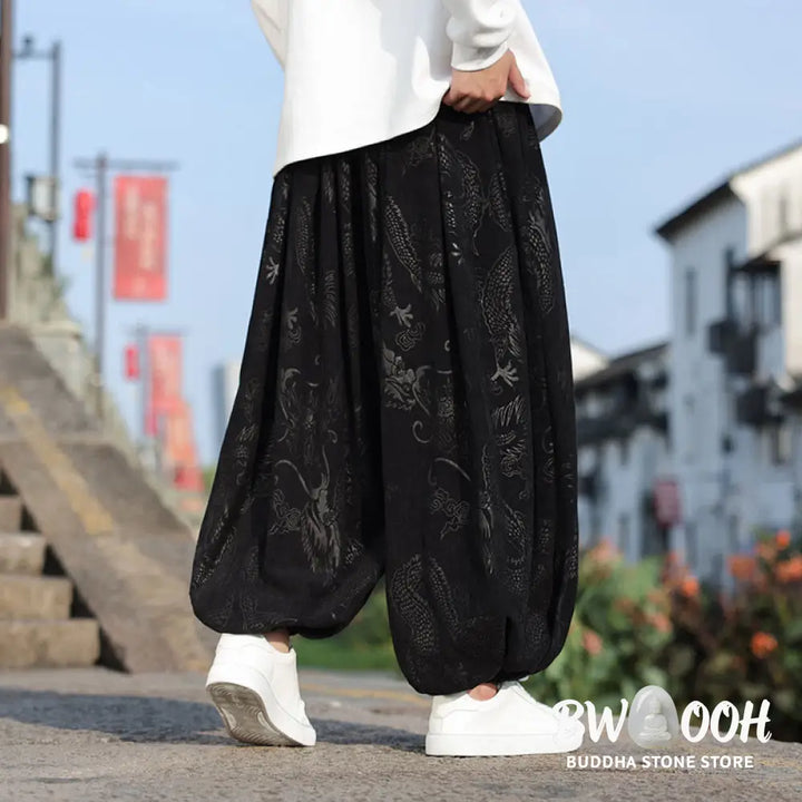 Buddha Stones Dragon Design Casual Plain Cotton Men’s Pants With Pockets - Men’s Pants