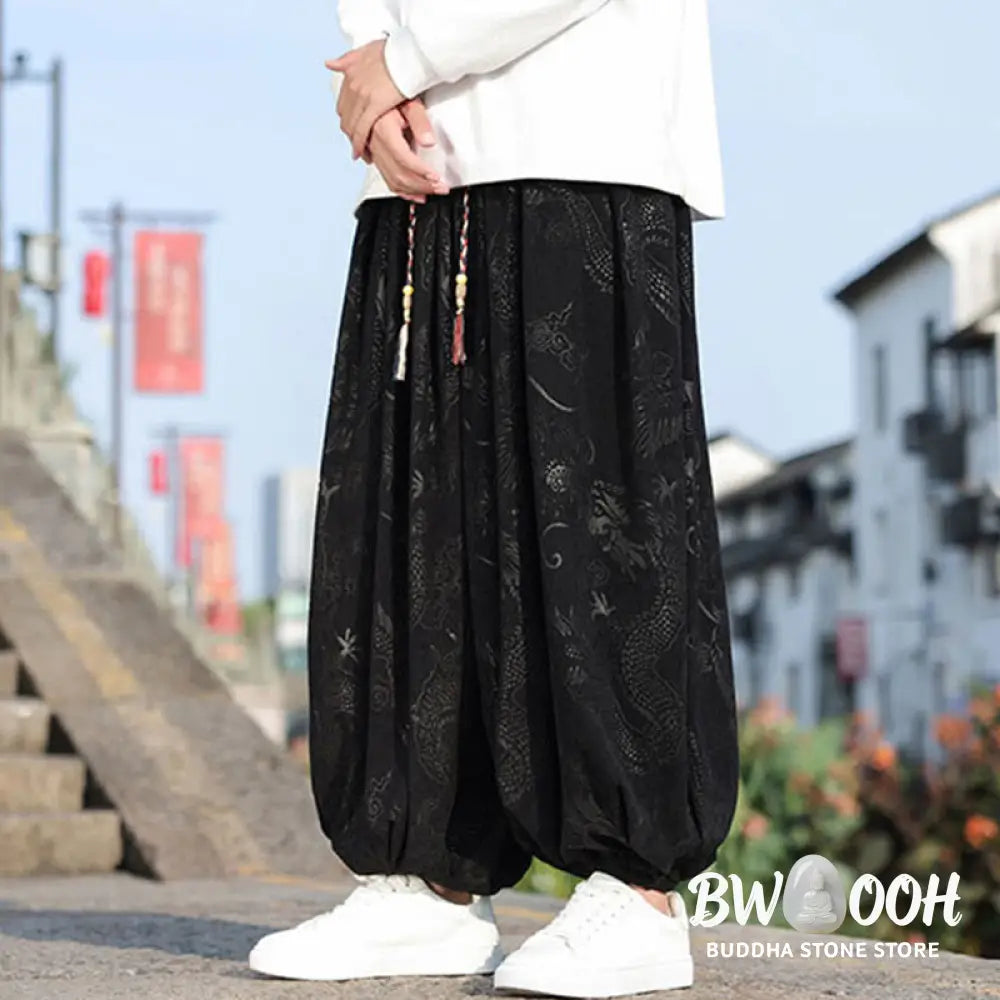 Buddha Stones Dragon Design Casual Plain Cotton Men’s Pants With Pockets - Men’s Pants