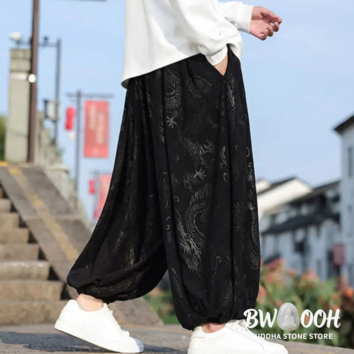 Buddha Stones Dragon Design Casual Plain Cotton Men’s Pants With Pockets - Men’s Pants