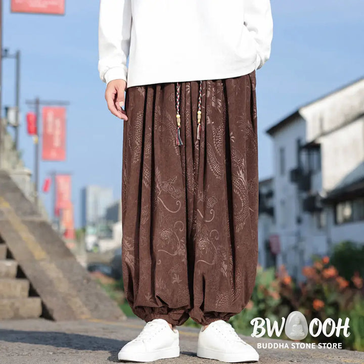 Buddha Stones Dragon Design Casual Plain Cotton Men’s Pants With Pockets - Men’s Pants