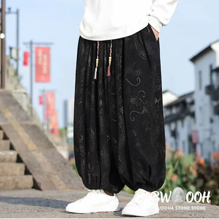 Buddha Stones Dragon Design Casual Plain Cotton Men’s Pants With Pockets - Men’s Pants