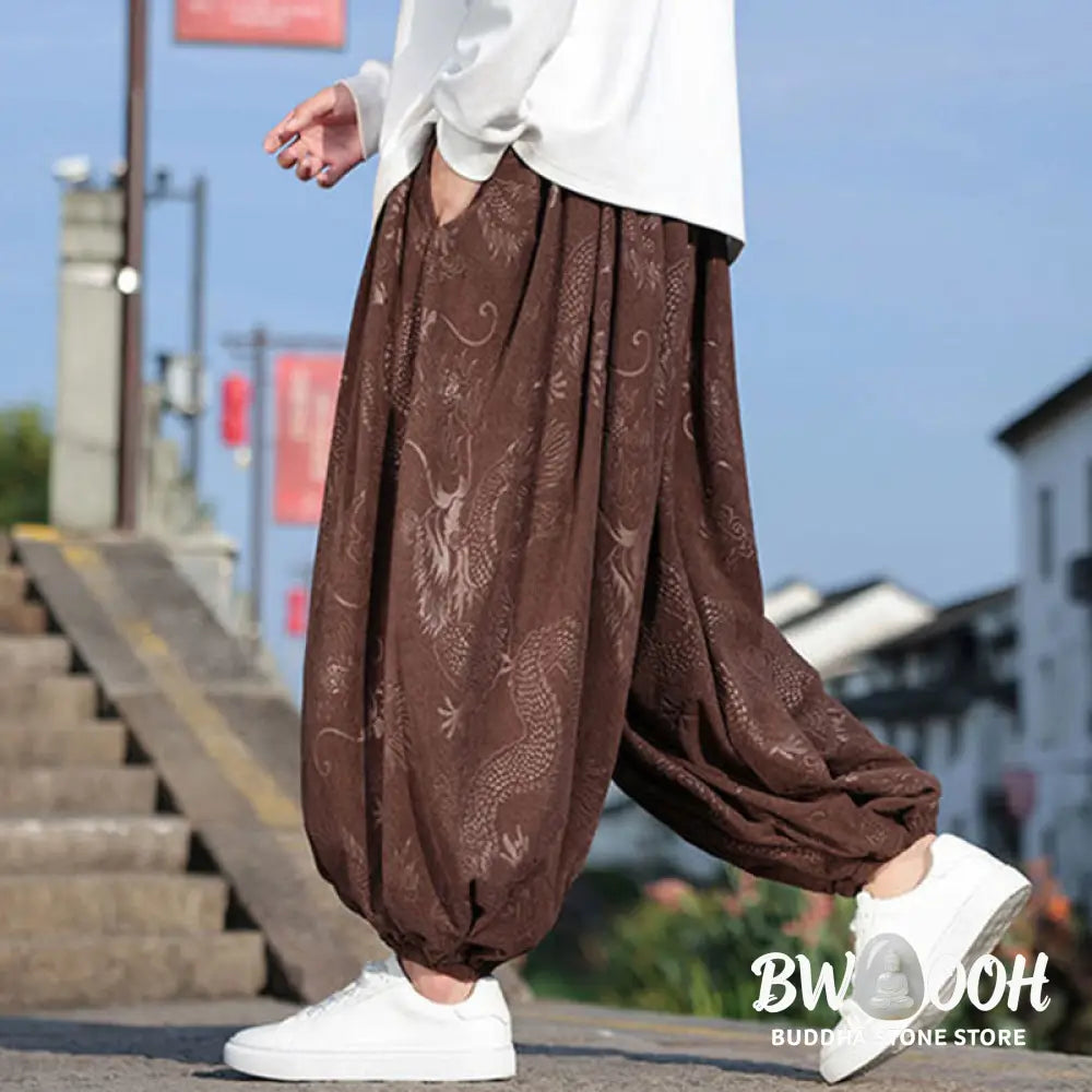 Buddha Stones Dragon Design Casual Plain Cotton Men’s Pants With Pockets - Men’s Pants