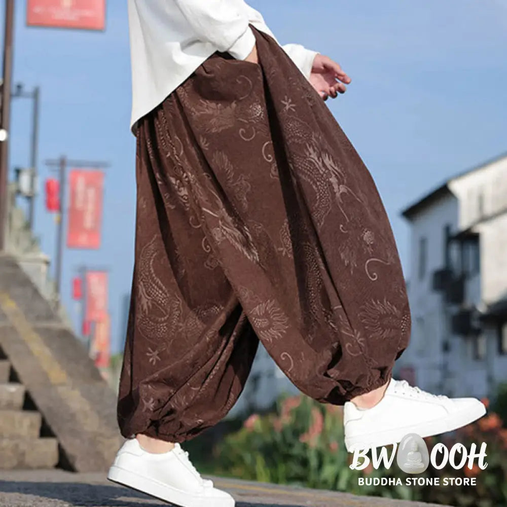 Buddha Stones Dragon Design Casual Plain Cotton Men’s Pants With Pockets - Men’s Pants