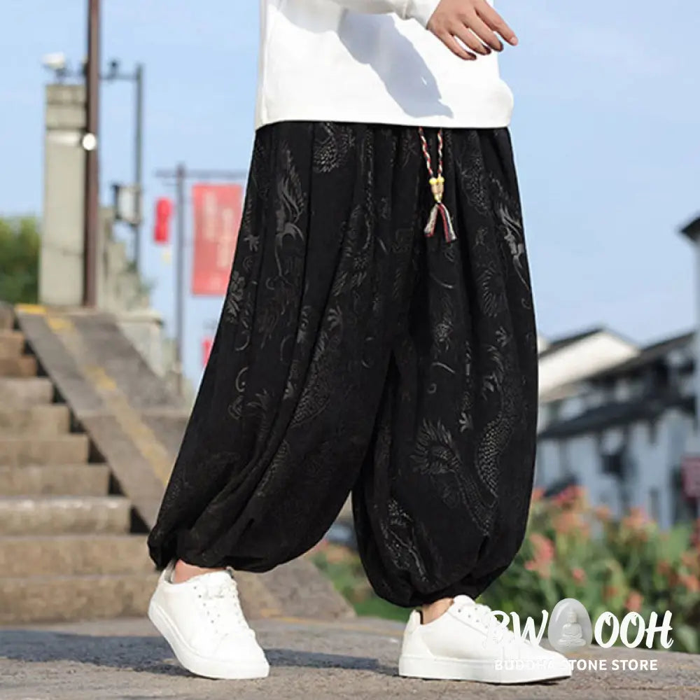 Buddha Stones Dragon Design Casual Plain Cotton Men’s Pants With Pockets - Men’s Pants