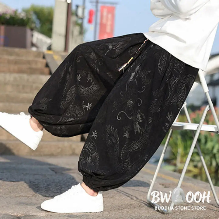 Buddha Stones Dragon Design Casual Plain Cotton Men’s Pants With Pockets - Men’s Pants