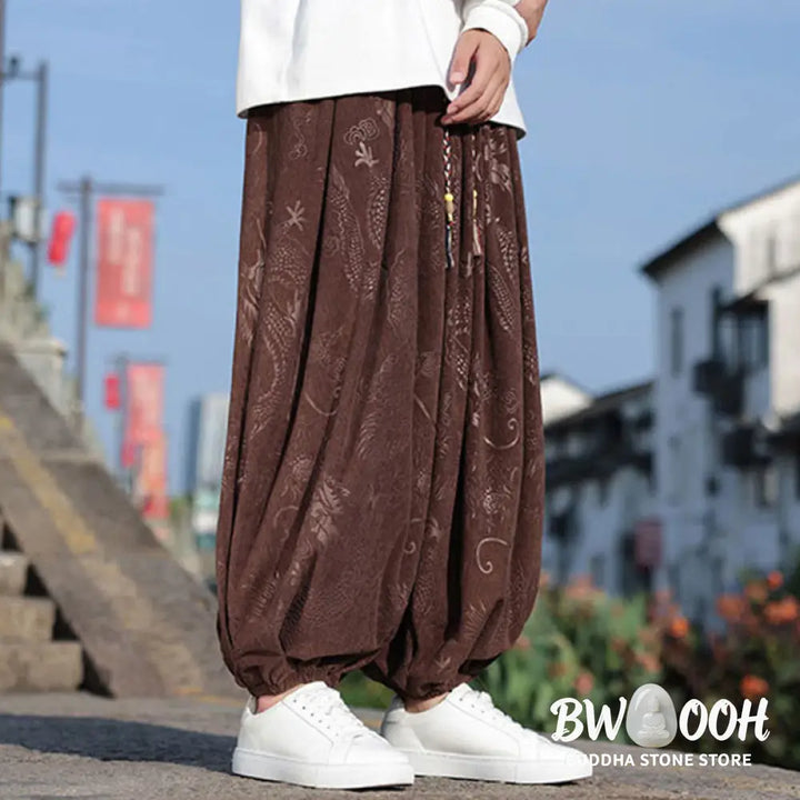 Buddha Stones Dragon Design Casual Plain Cotton Men’s Pants With Pockets - Men’s Pants