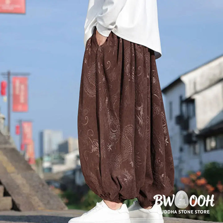 Buddha Stones Dragon Design Casual Plain Cotton Men’s Pants With Pockets - Men’s Pants