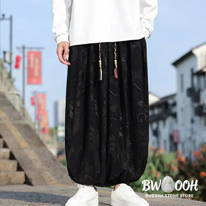 Buddha Stones Dragon Design Casual Plain Cotton Men’s Pants With Pockets - Men’s Pants