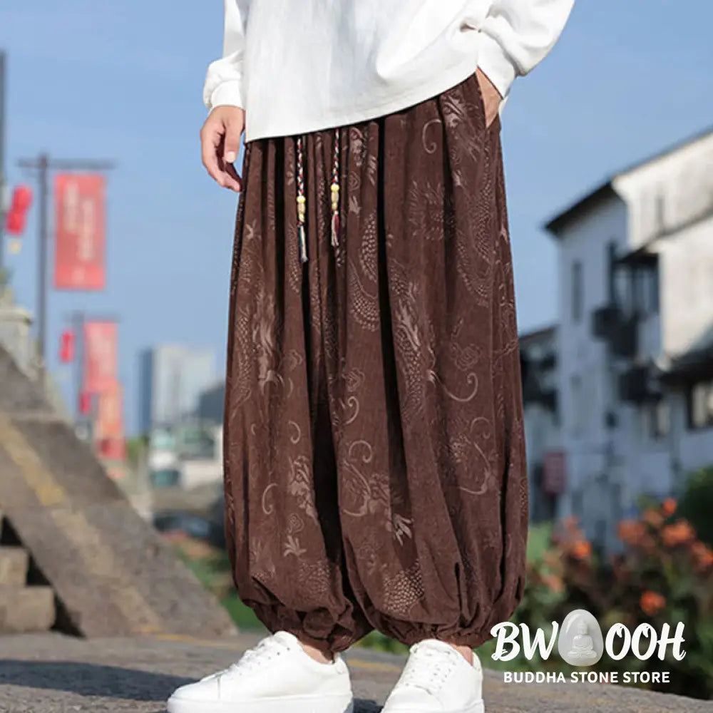 Buddha Stones Dragon Design Casual Plain Cotton Men’s Pants With Pockets - Men’s Pants