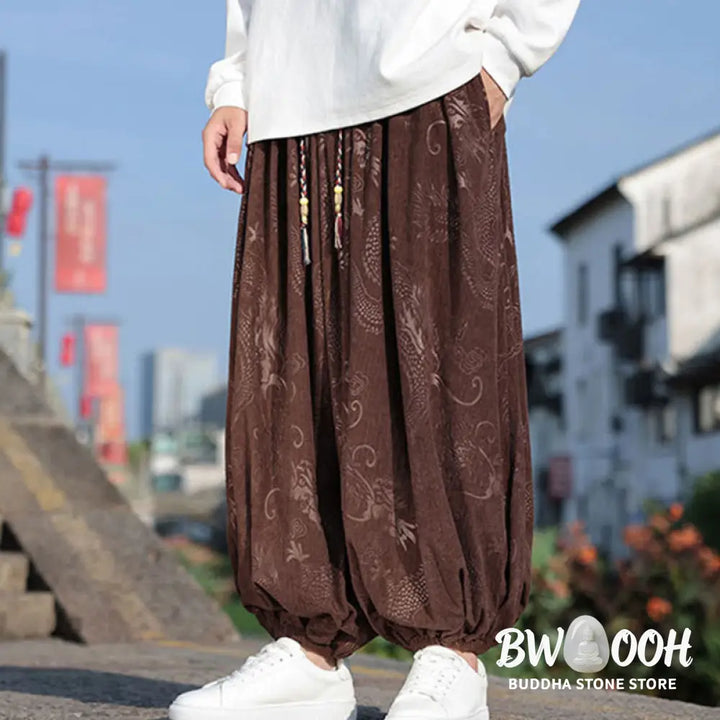 Buddha Stones Dragon Design Casual Plain Cotton Men’s Pants With Pockets - Men’s Pants