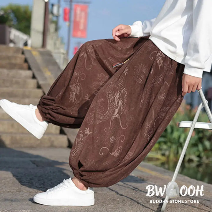 Buddha Stones Dragon Design Casual Plain Cotton Men’s Pants With Pockets - Men’s Pants